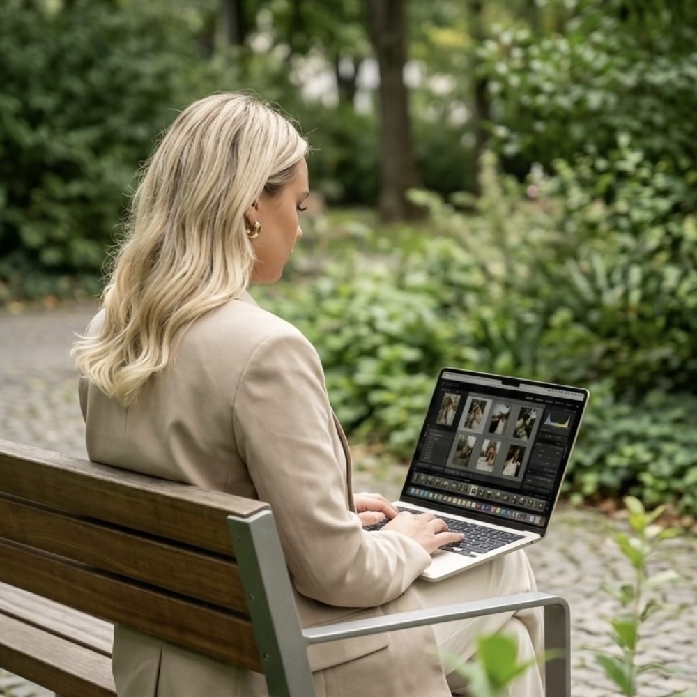 Frau am Macbook in einem Park